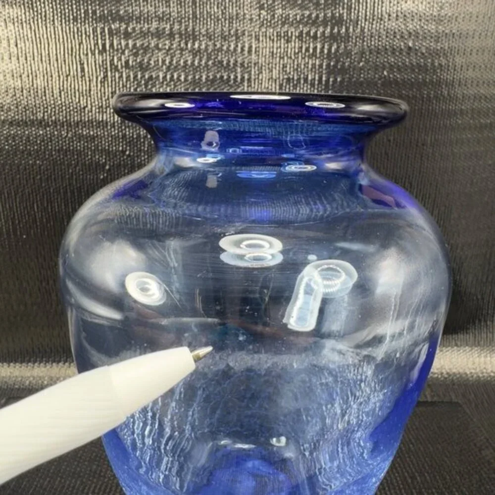Hand Blown Blue Crackle Glass Vase Vessel Hand Made Glass Vase‎ Studio Art Glass